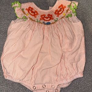 Striped Baby Romper with smocked crab design boutique 3 months